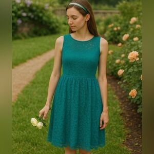 Donna Rico Teal & Green Lace Overlay Fit & Flare Sleeveless Midi Dress NWT